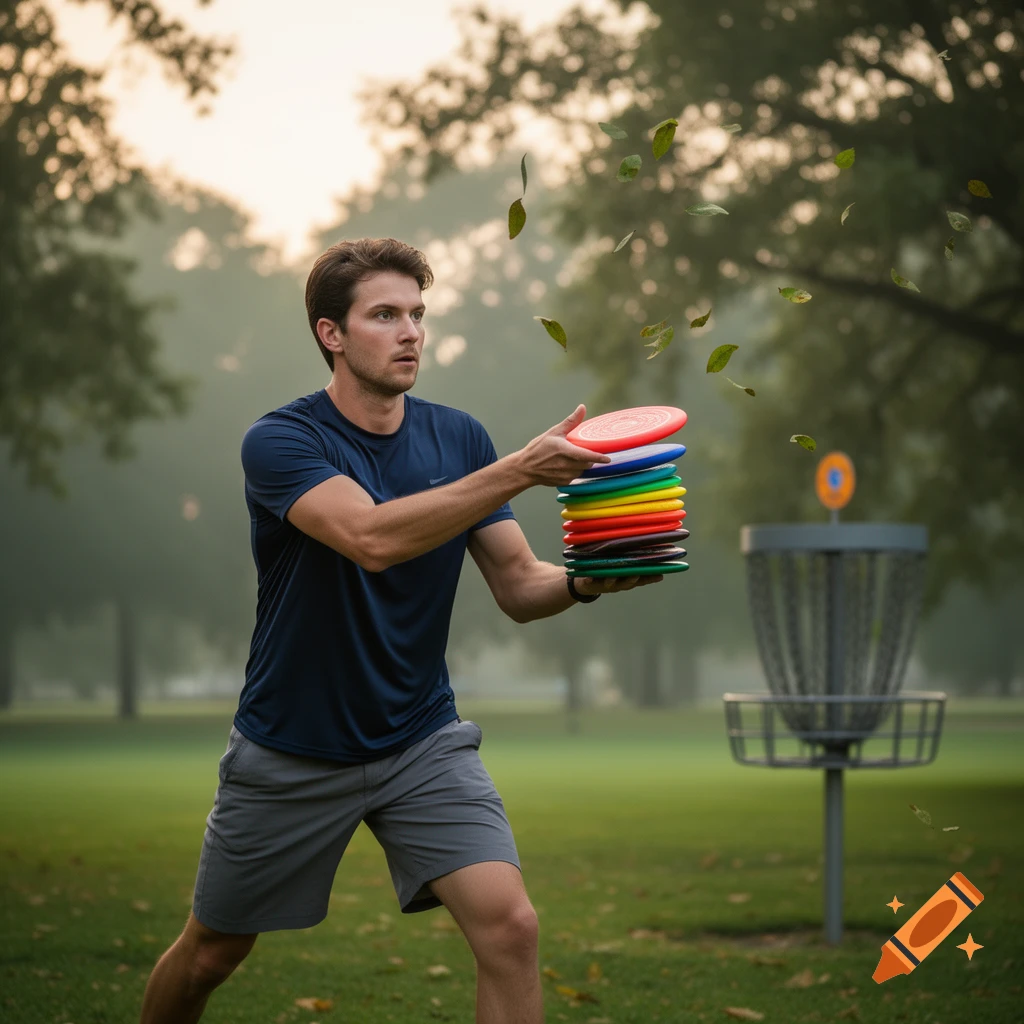 A man in athletic wear holds a stack of colorful disc golf discs in a park, with a basket in the background.