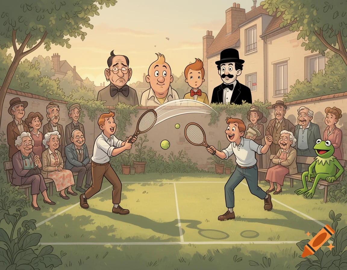 Cartoon men playing tennis in a garden watched by a crowd and busts of Tintin, Louis de Funès, Charlie Chaplin, and Kermit the Frog.