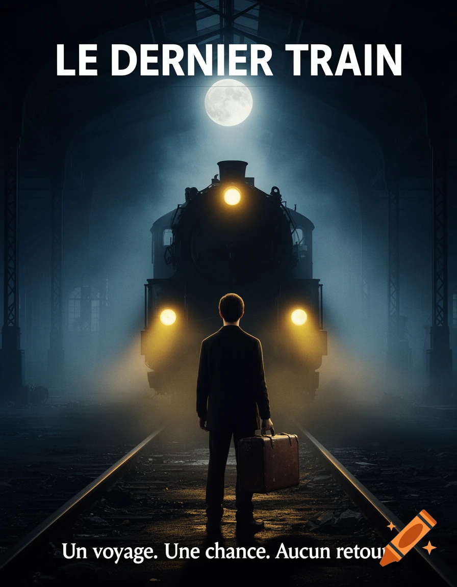 A man with a suitcase faces an approaching train in a dark, foggy station under a full moon, with French text.