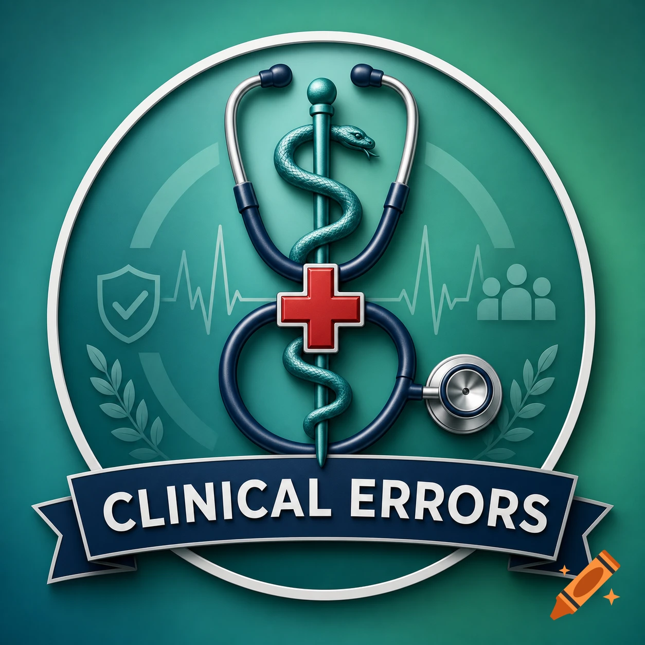 Stylized medical logo with a stethoscope, Rod of Asclepius, and red cross on a teal circle, with a banner reading 'CLINICAL ERRORS'.