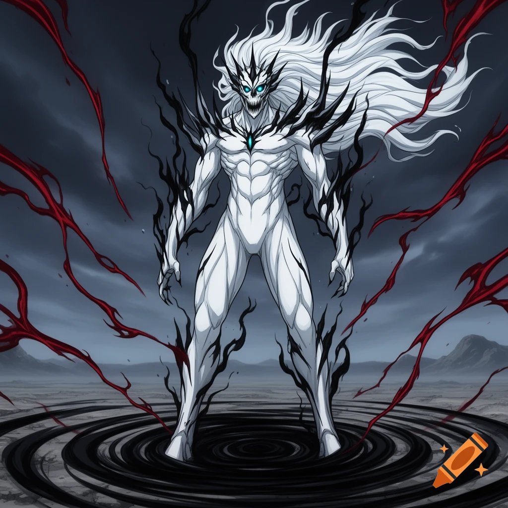 Anime-style menacing white creature with sharp features, long white hair, and black spikes, standing in a desolate land with red tendrils.