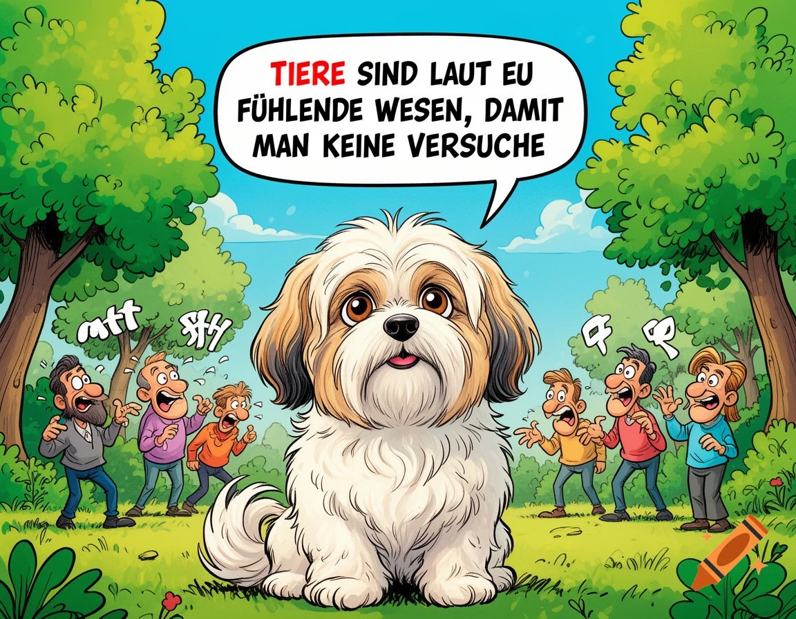 A cartoon Havanese dog sits in a park, speaking into a large bubble that reads "TIERE SIND LAUT EU FÜHLENDE WESEN, DAMIT MAN KEINE VERSUCHE". Behind it, several caricature people look distressed, with garbled text above their heads.