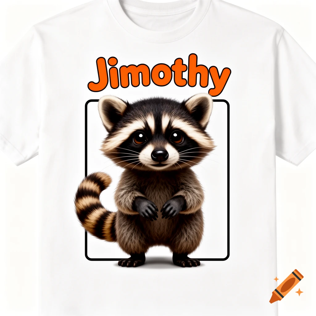 A white t-shirt featuring a cute cartoon raccoon with the name "Jimothy" written in orange above it.