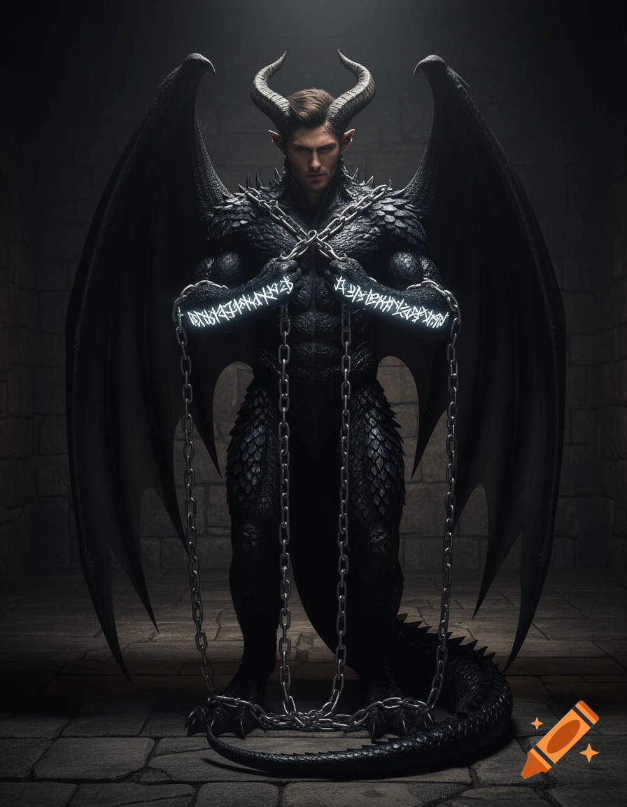 A dark fantasy image of a male dragon-shifter with horns and black wings, bound by chains with glowing runes on his forearms, standing in a dungeon.
