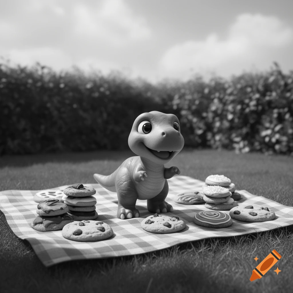 A cute, smiling cartoon dinosaur stands on a checkered picnic blanket surrounded by stacks of cookies, outdoors in a grassy park.