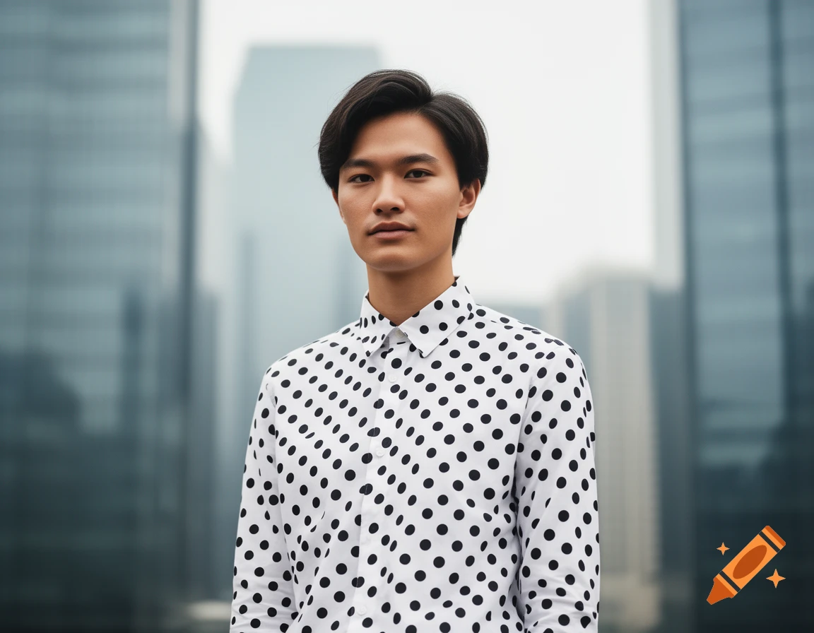 Young man in a white polka dot shirt stands against a blurred background of modern glass buildings.
