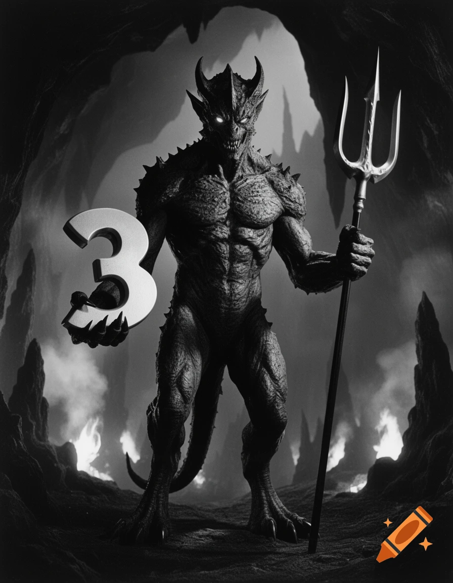 A muscular, horned demon with glowing eyes holds a large number 3 and a trident, standing in a fiery cave in black and white.
