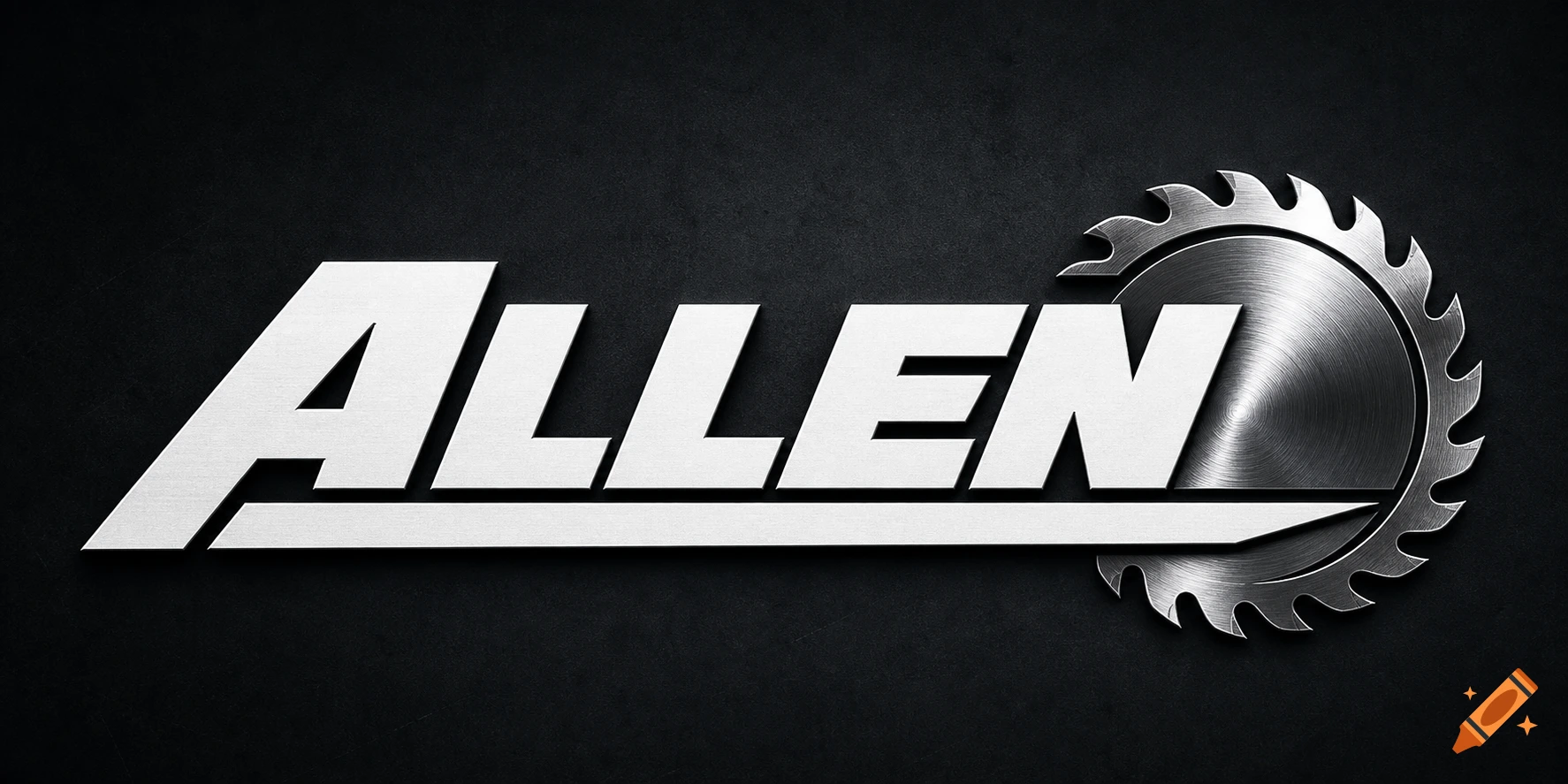 A white and metallic logo for 'ALLEN' with a stylized saw blade integrated into the design, on a dark textured background.