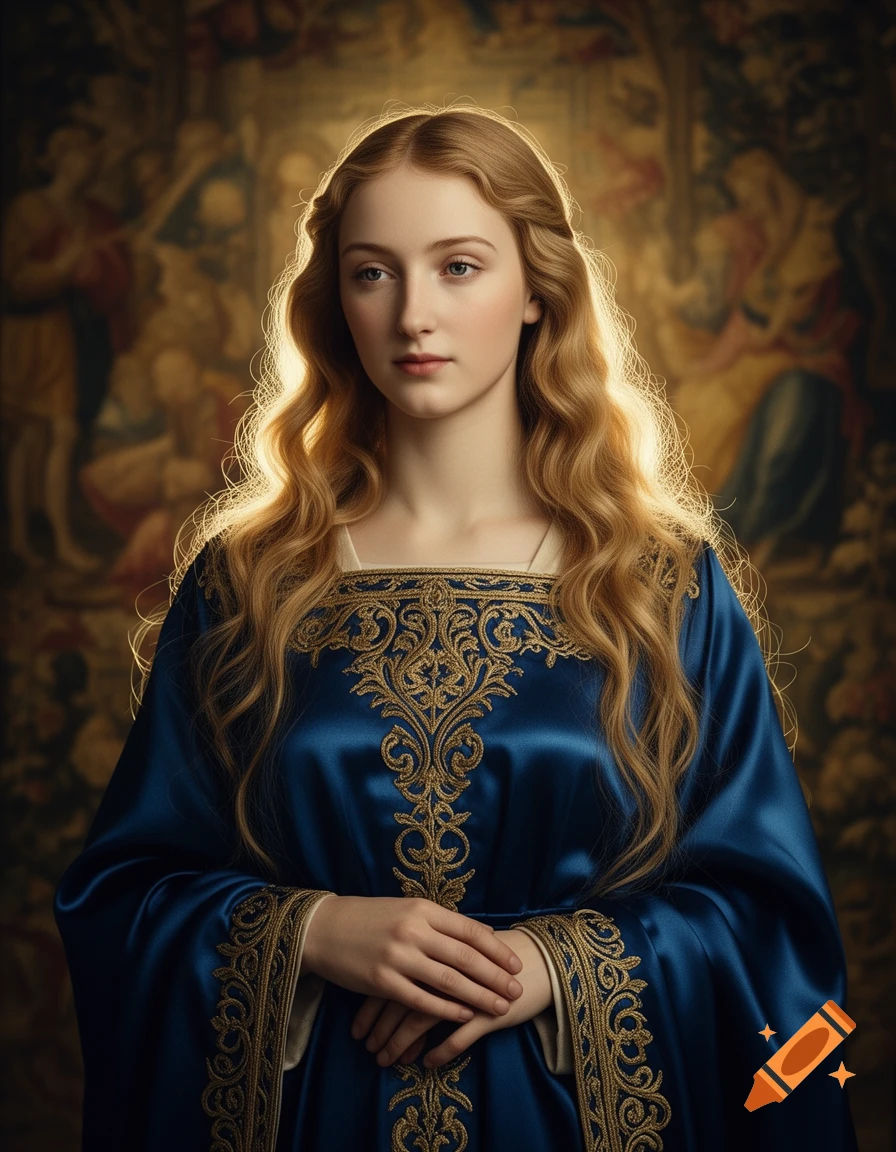 Photorealistic portrait of a young woman with long blonde hair, wearing a blue and gold embroidered historical gown, hands clasped, against a tapestry.