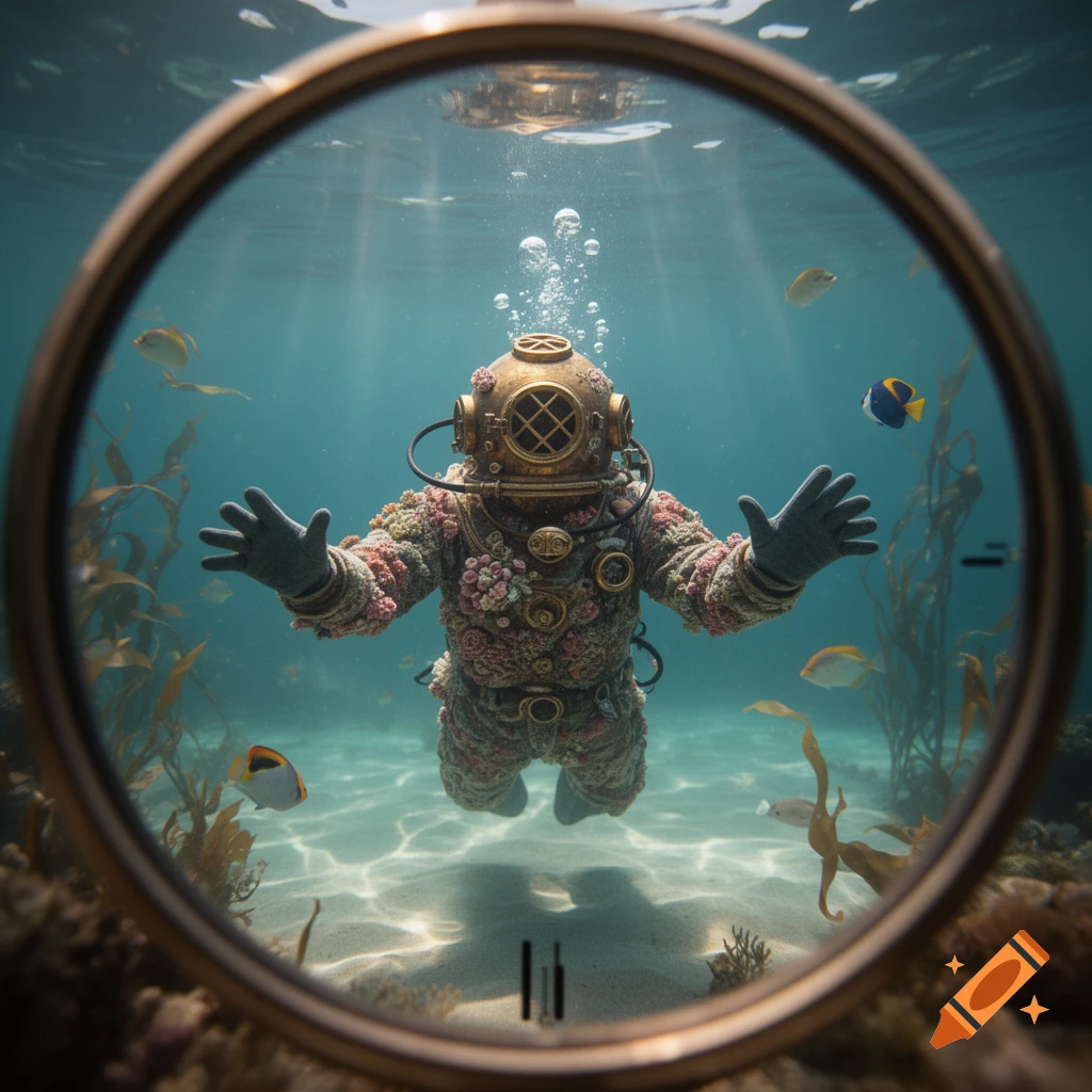 An old-fashioned diver in a coral-covered suit floats in clear blue water, viewed through a circular frame, with fish and abstract clock hands on the sandy bottom.