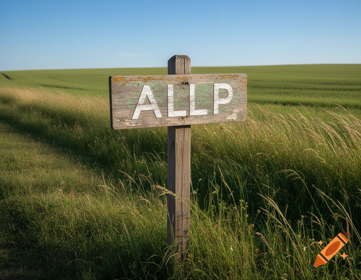 A rustic wooden sign reading "ALLP" stands in a sunlit grassy field, with rolling green hills and a blue sky in the background.