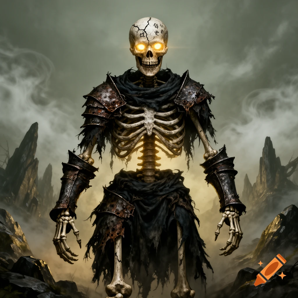 A skeletal character with glowing eyes, rusty armor, and torn dark cloth stands in a dark, misty, rocky landscape.