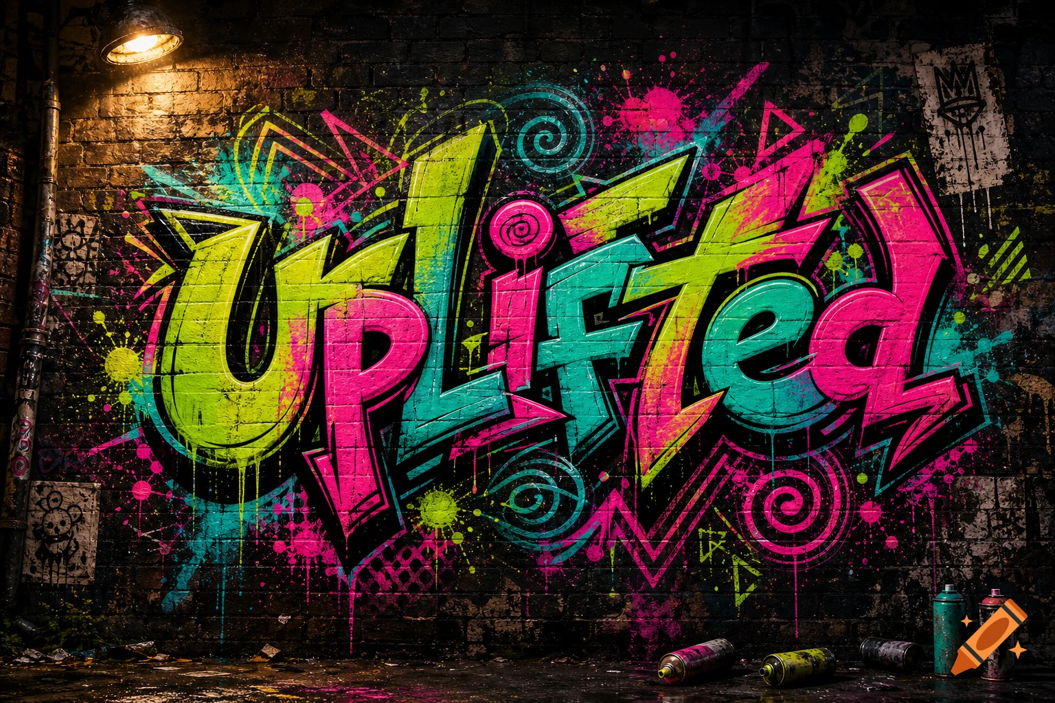 Neon graffiti art spelling "UPLIFTED" on a dark brick wall, illuminated by a street lamp, with paint splatters and spray cans on the ground.