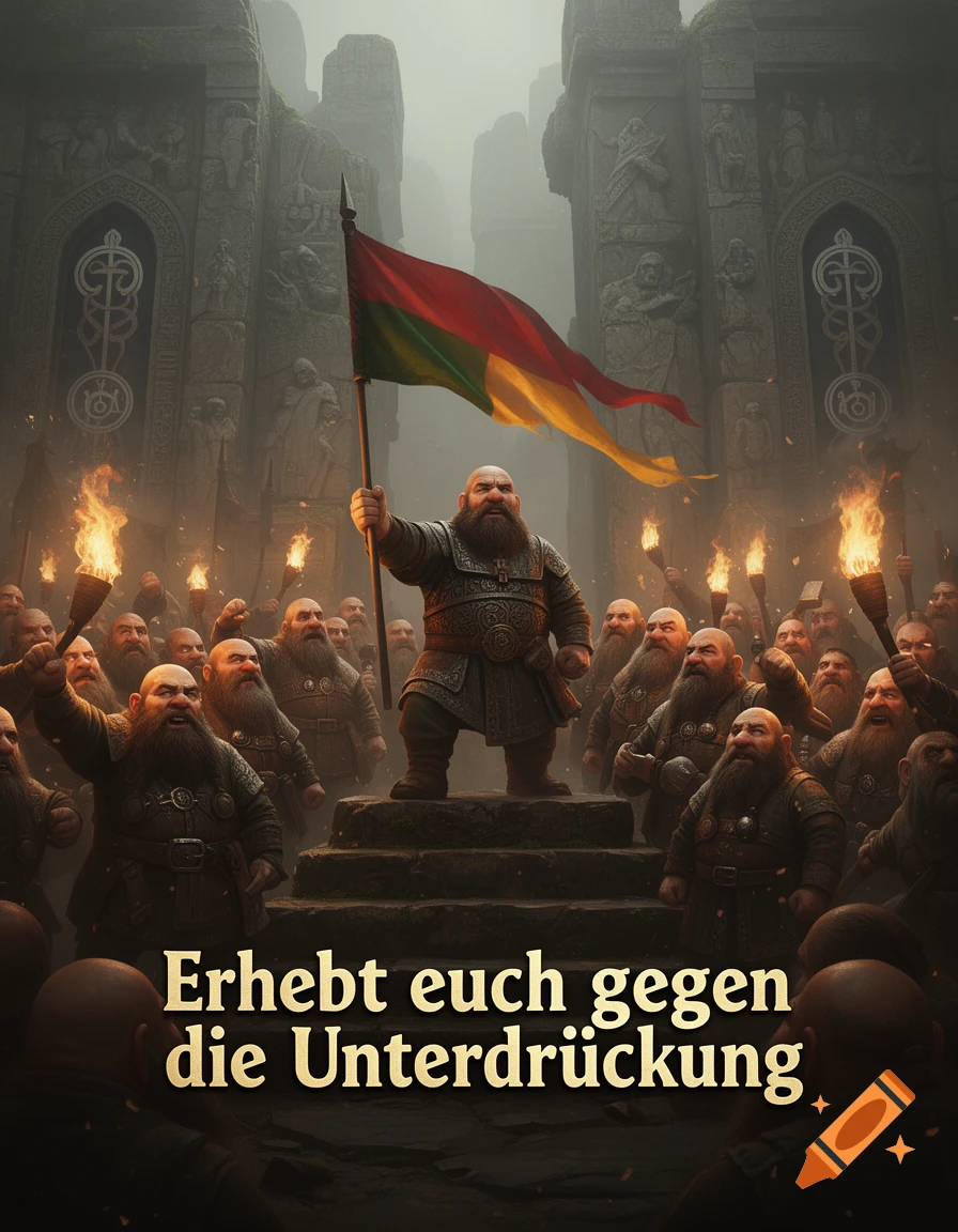 A dwarf leader holds a red, green, and yellow flag, leading a torch-lit rally of dwarves in an ancient stone city, with text 'Erhebt euch gegen die Unterdrückung'.