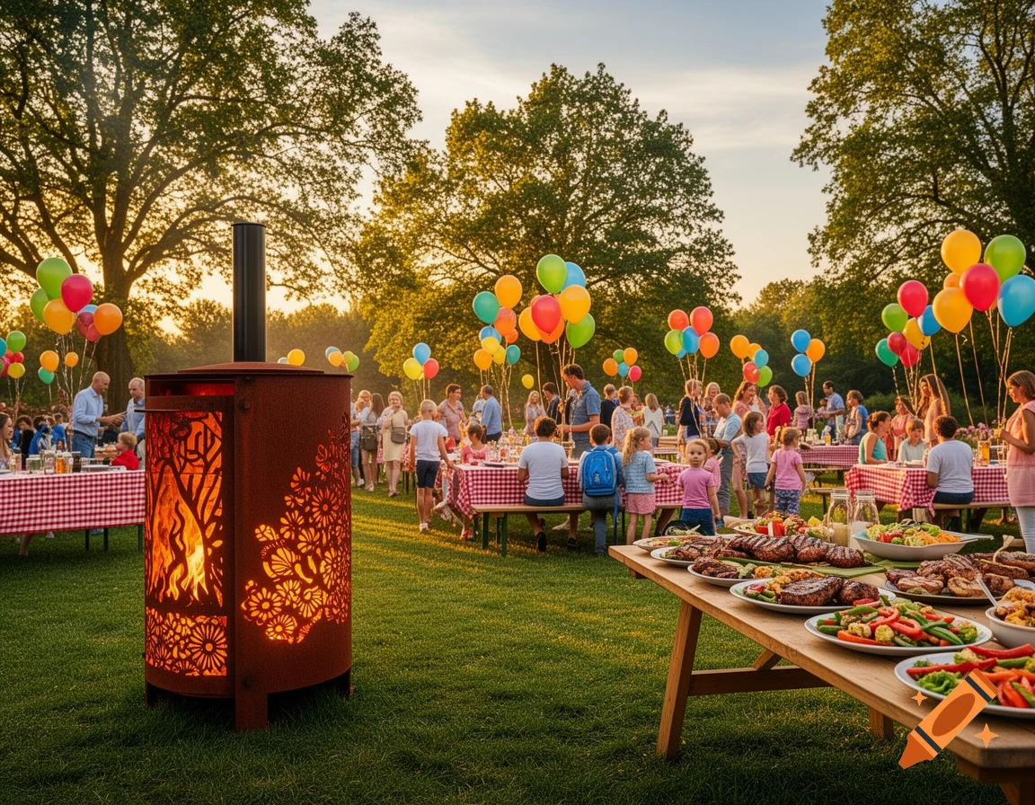 A vibrant outdoor party with many people, colorful balloons, and tables laden with food, centered around a decorative fire pit at sunset.