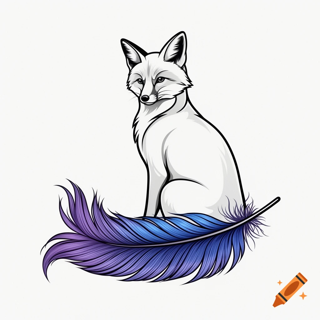 Stylized white fox sits looking over its shoulder, with its tail replaced by a large blue and purple feather, on a white background.