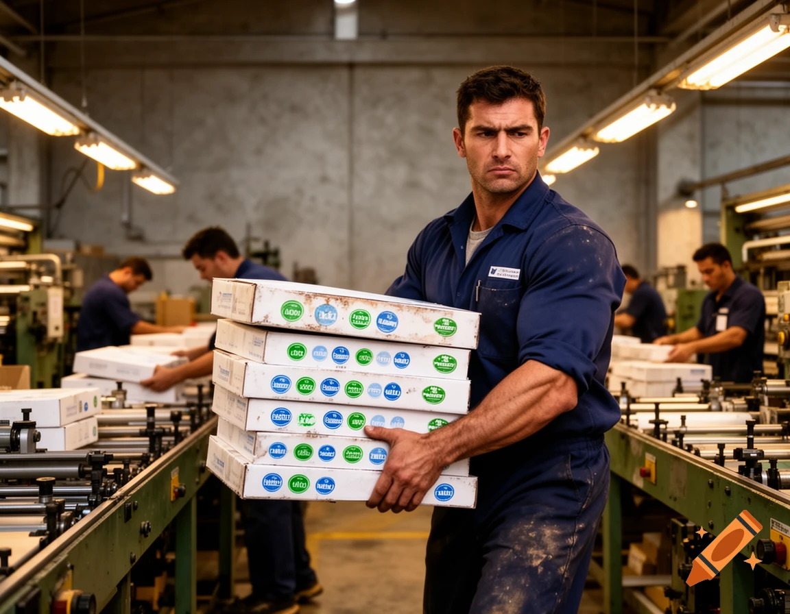 A muscular factory worker in a blue uniform carries a stack of white boxes on a production line, with other workers in the background.