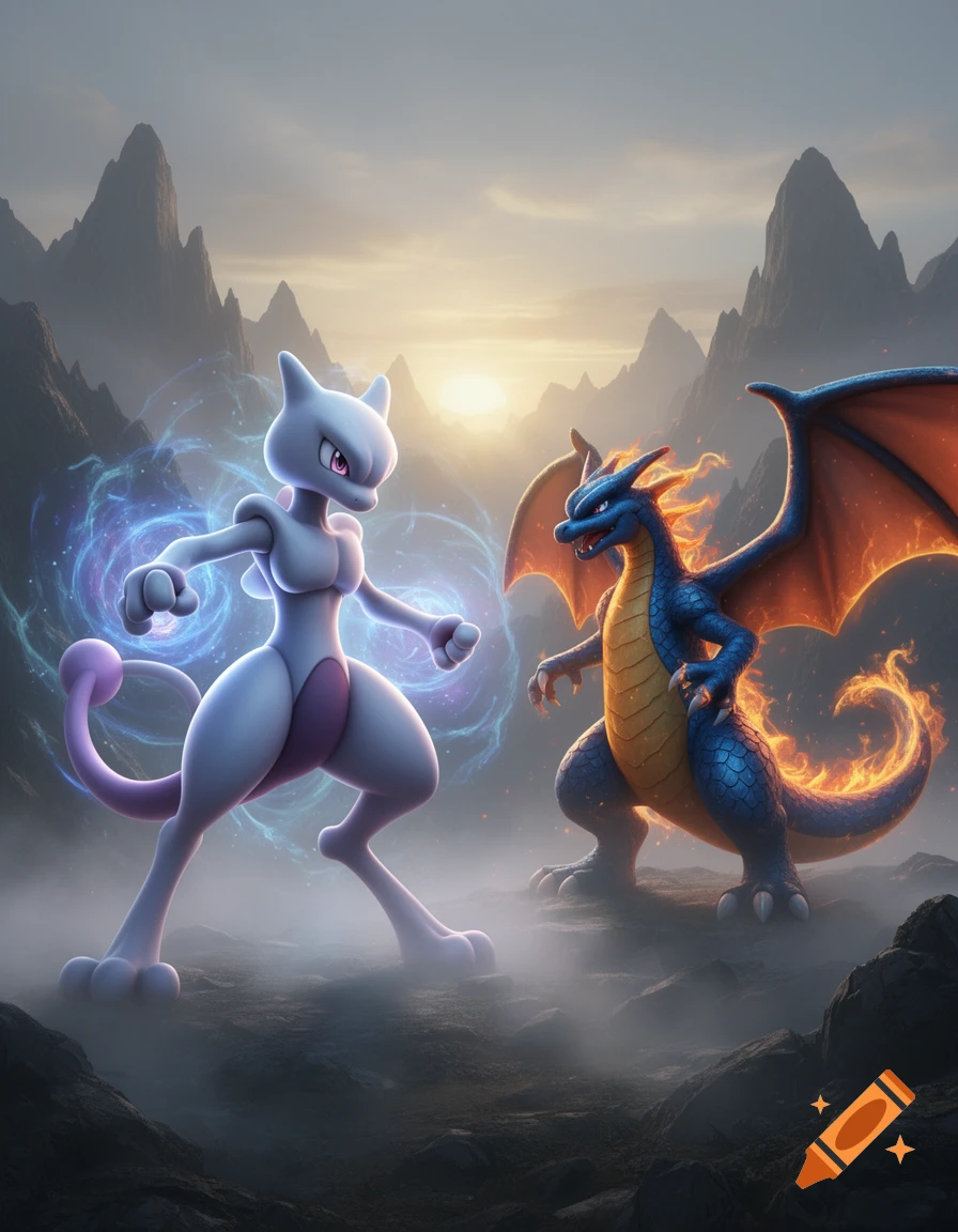 Mewtwo and Mega Charizard X battle in a misty mountain landscape at sunrise.