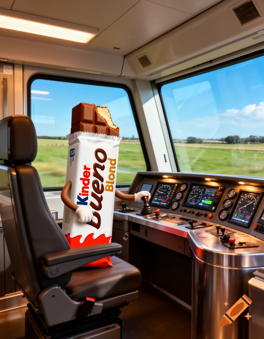 An anthropomorphic Kinder Bueno Blond chocolate bar with arms and hands driving a train, seen from inside the cockpit with a green field outside.