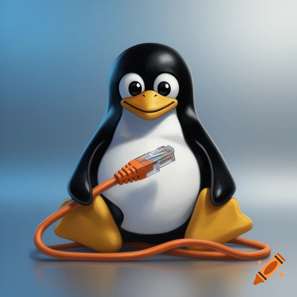 Tux, the Linux penguin mascot, sits holding an orange RJ45 networking cable on a blue background in an illustrative style.