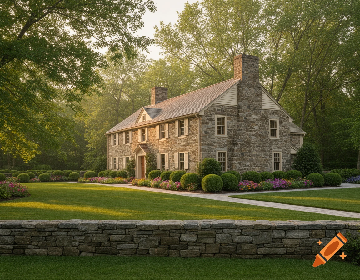 A grand stone farmhouse with a lush green lawn, sculpted bushes, and colorful flower beds, surrounded by trees under soft sunlight.