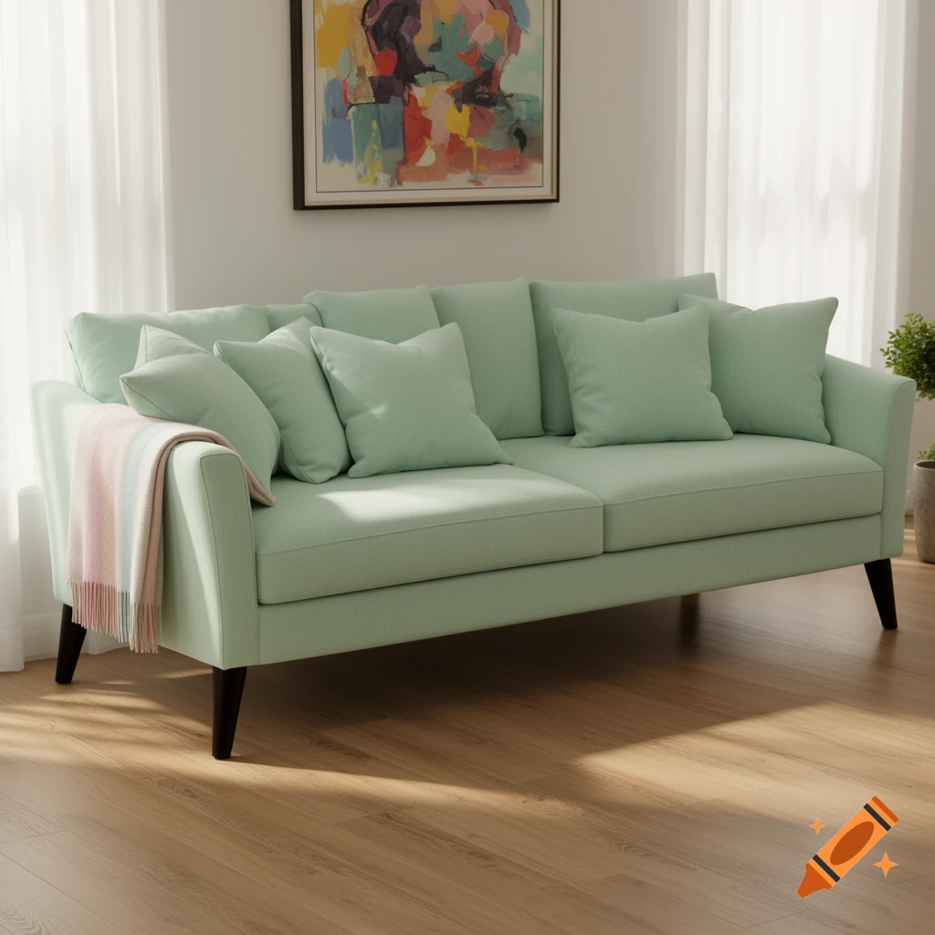 A photorealistic mint green sofa with multiple pillows and a striped blanket sits in a bright living room with wooden floors.