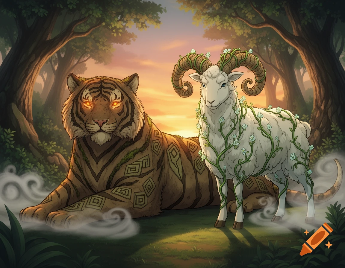 A majestic tiger with glowing eyes and rock-like patterns lies next to a ram covered in vines and flowers in a mystical forest at sunset, digital painting.