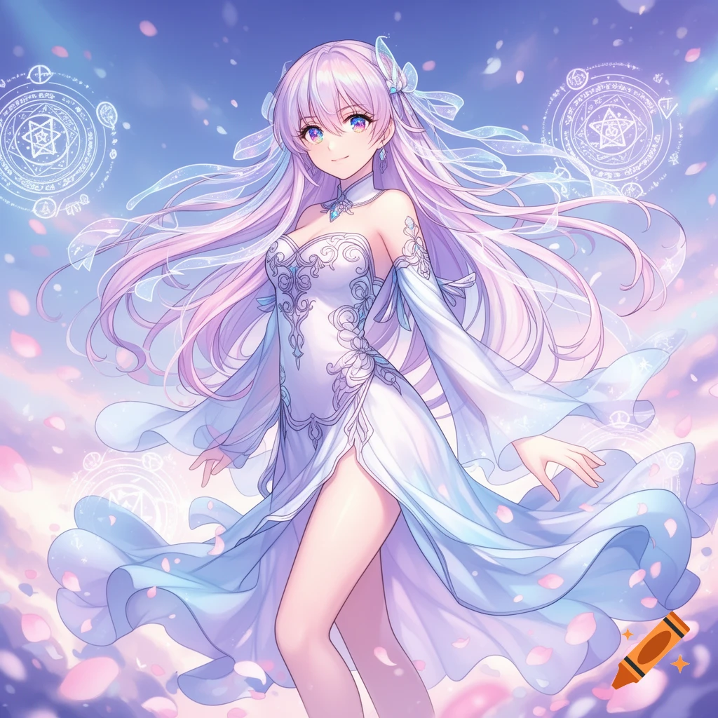 An anime girl with long, flowing pastel pink and purple hair, blue eyes, and a white, high-slit dress, stands amid magical circles and floating petals in a fantasy setting.