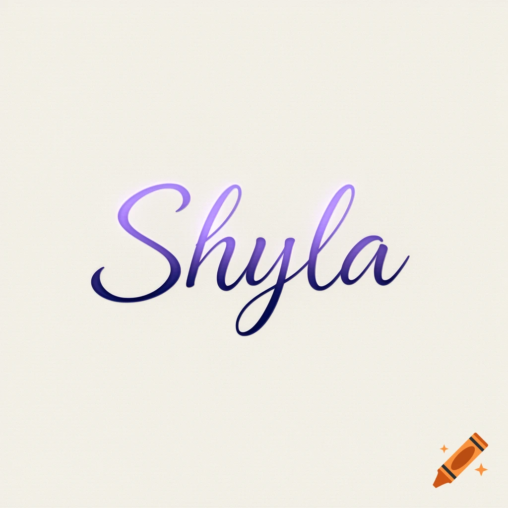 The name 'Shyla' written in elegant purple cursive with a subtle glow on an off-white background.