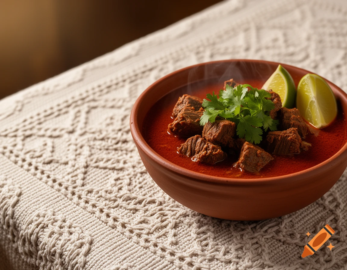 A photorealistic bowl of birria garnished with cilantro and lime, on an off-white woven tablecloth.