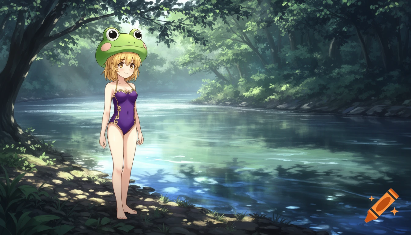 An anime girl with blonde hair and a green frog hat, wearing a purple swimsuit, stands by a forest river with sunlight dappling through trees.