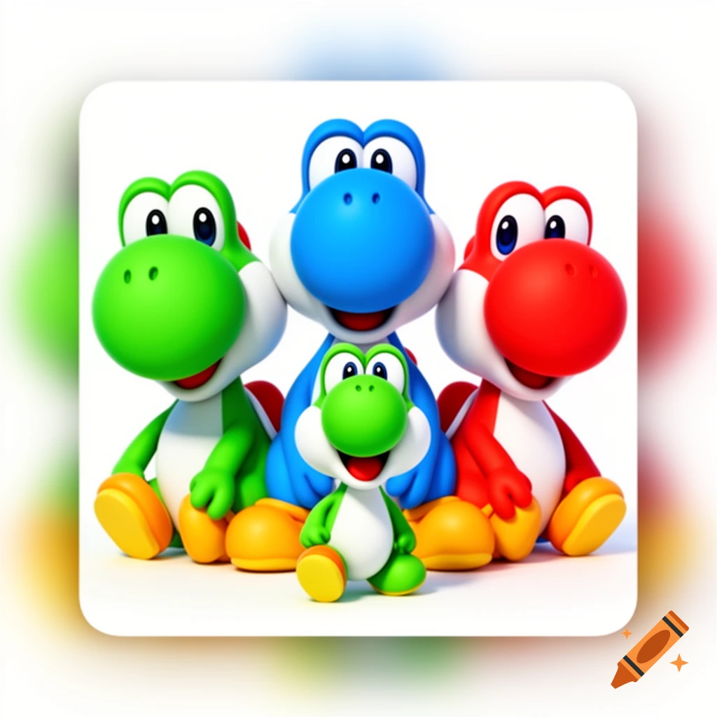 Three large Yoshis in green, blue, and red sit behind a small green Yoshi, all smiling in a colorful Nintendo-style image.