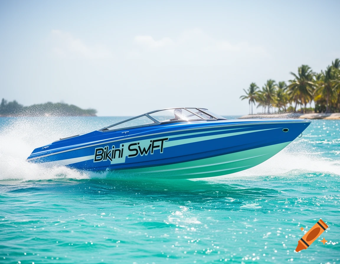 A blue and white speed boat with "Bikini SwiFT" on its side races across turquoise water, creating a white spray, with palm trees on an island in the background.