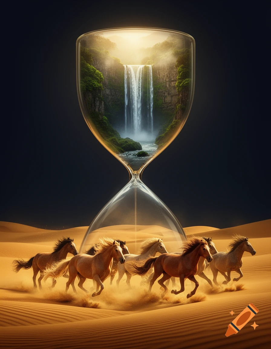 A surreal hourglass with a lush waterfall in the top chamber and wild horses galloping through a golden desert in the bottom, photorealistic.