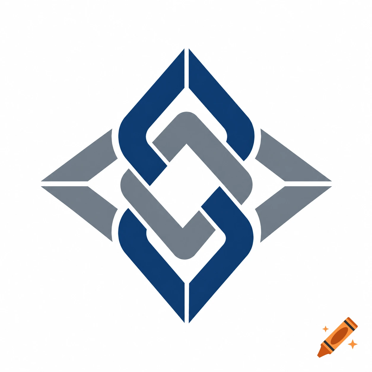 An abstract logo featuring interlocking blue and gray geometric shapes, forming a diamond-like pattern on a white background.