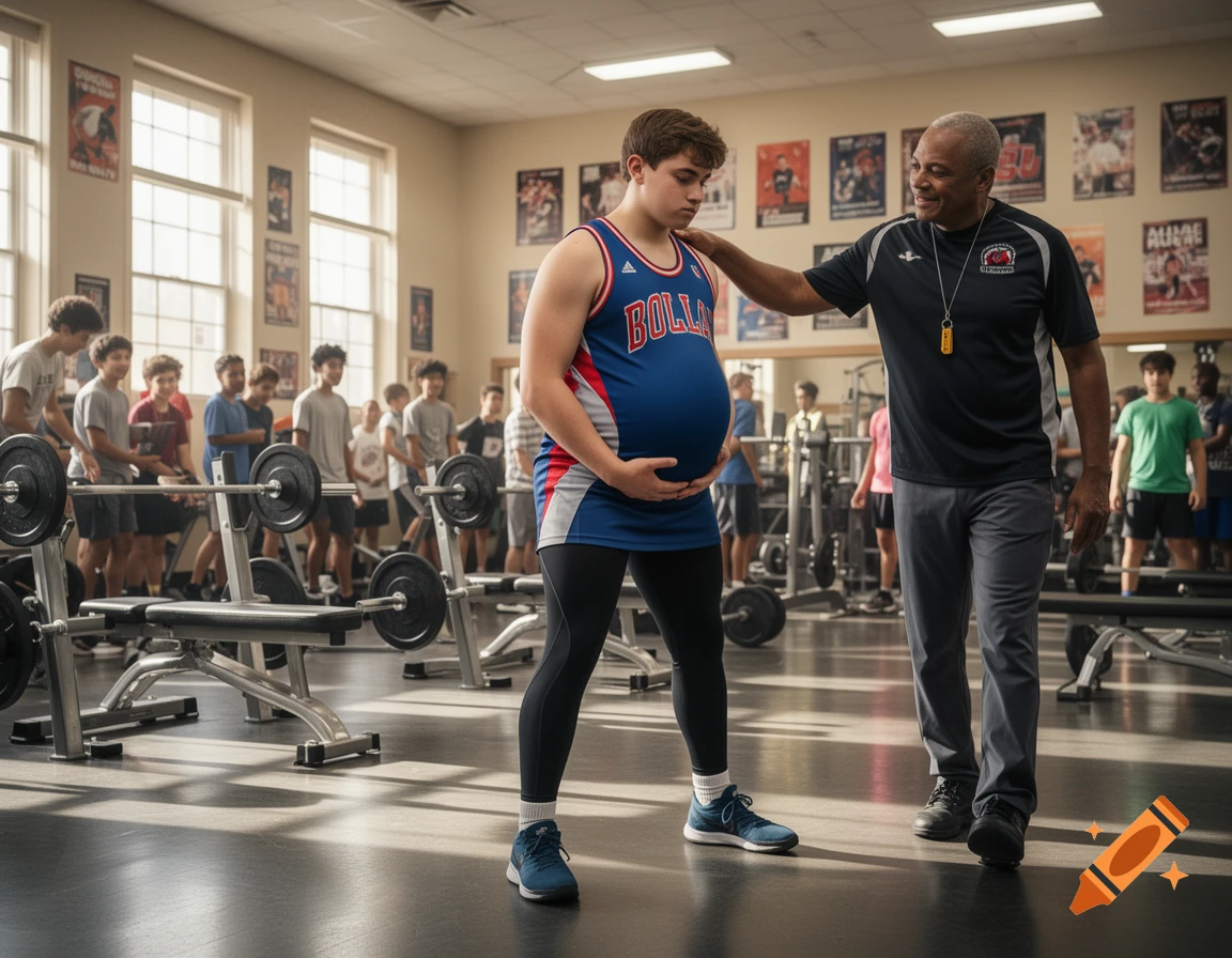 A pregnant male high school athlete in a blue basketball jersey and black tights stands in a weight room, holding his belly as his coach pats his shoulder. Other students are in the background.