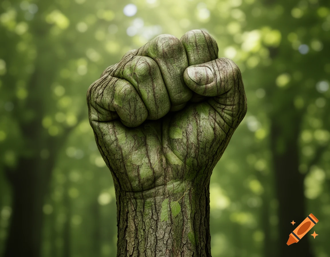 A clenched fist made of tree bark and green leaves, set against a blurred green forest background.