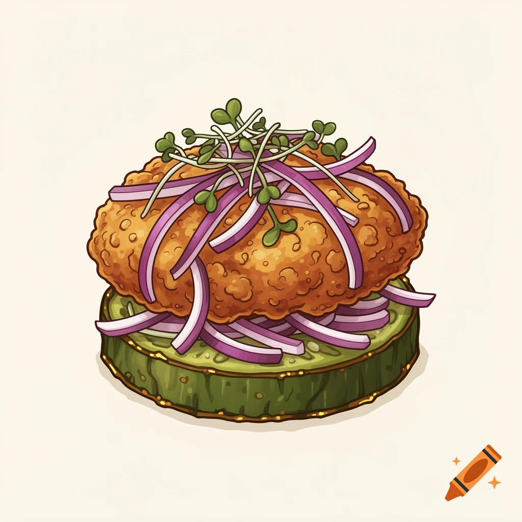 Stylized illustration of a fried chicken sandwich on a green tomato slice, topped with red onions and microgreens.