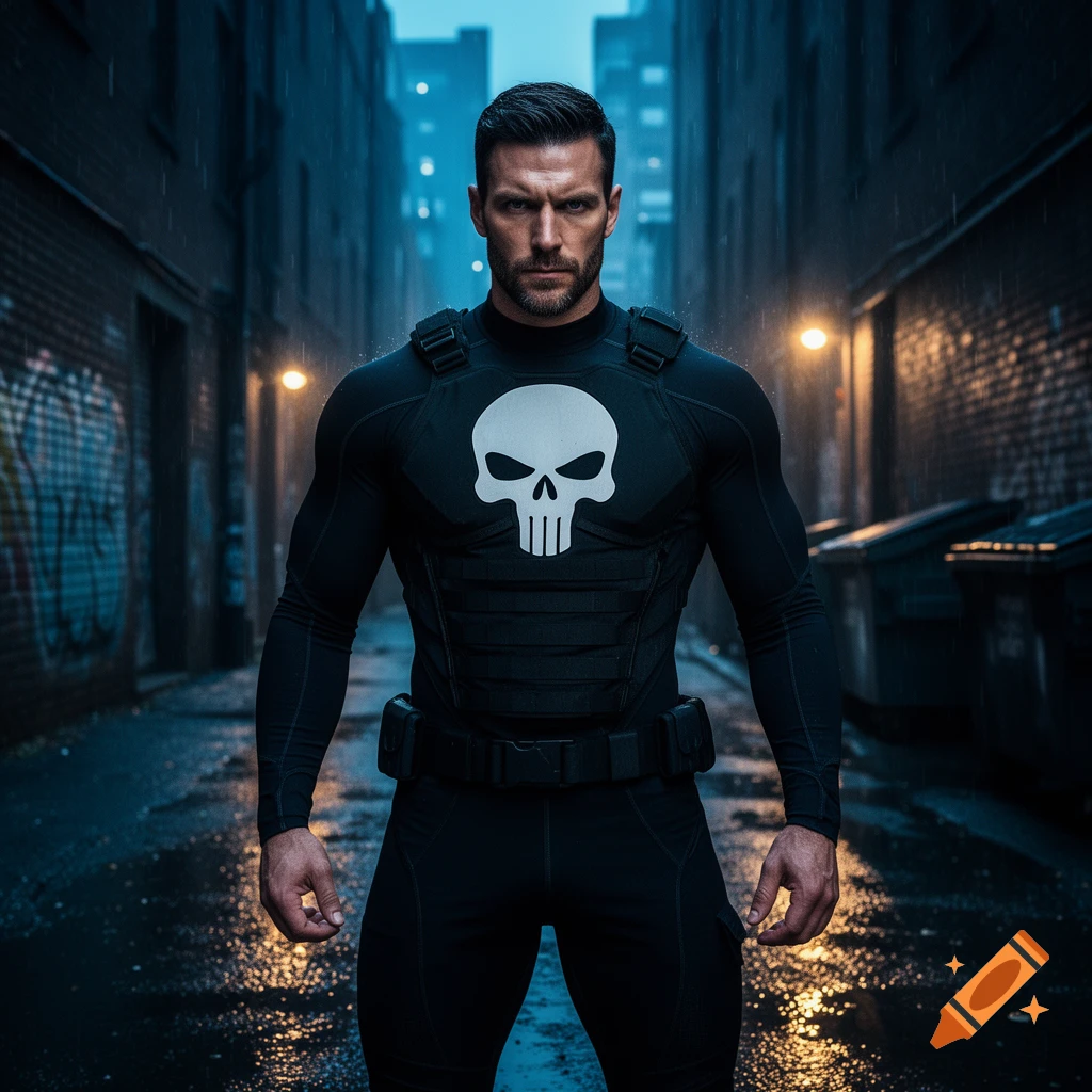 A muscular man in a black tactical Punisher suit with a white skull logo stands in a dark, wet urban alleyway, looking directly forward.