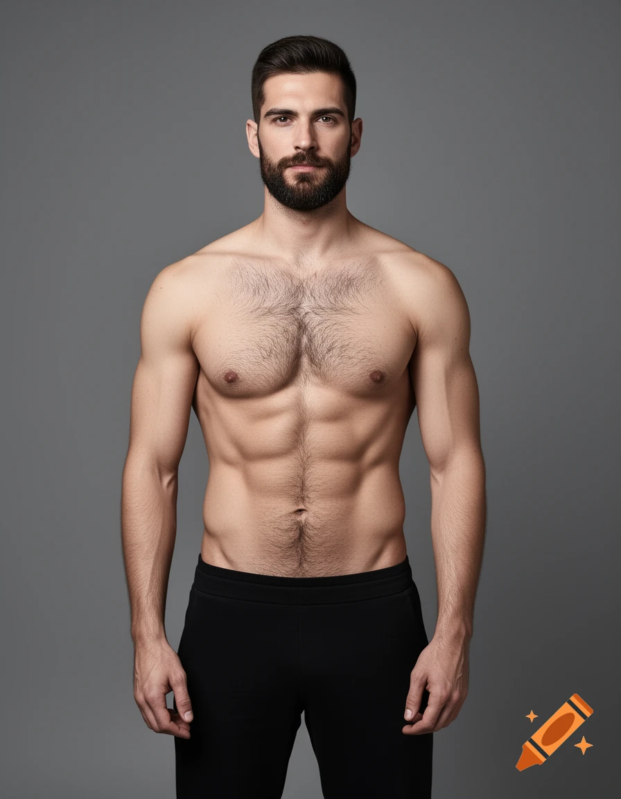 A muscular man with a beard stands shirtless in black pants against a grey background in a studio shot.