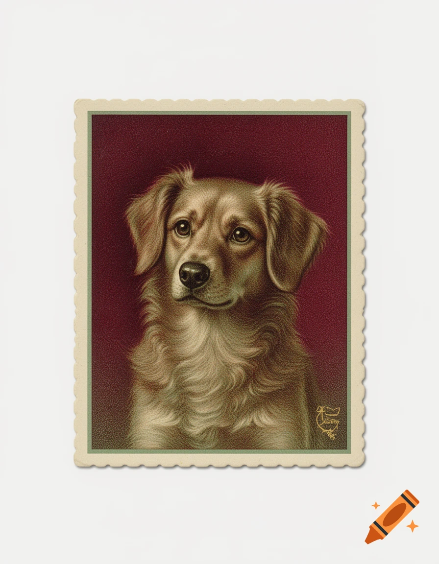 Vintage lithograph of a brown dog with floppy ears, against a deep crimson background, with a decorative scalloped border.