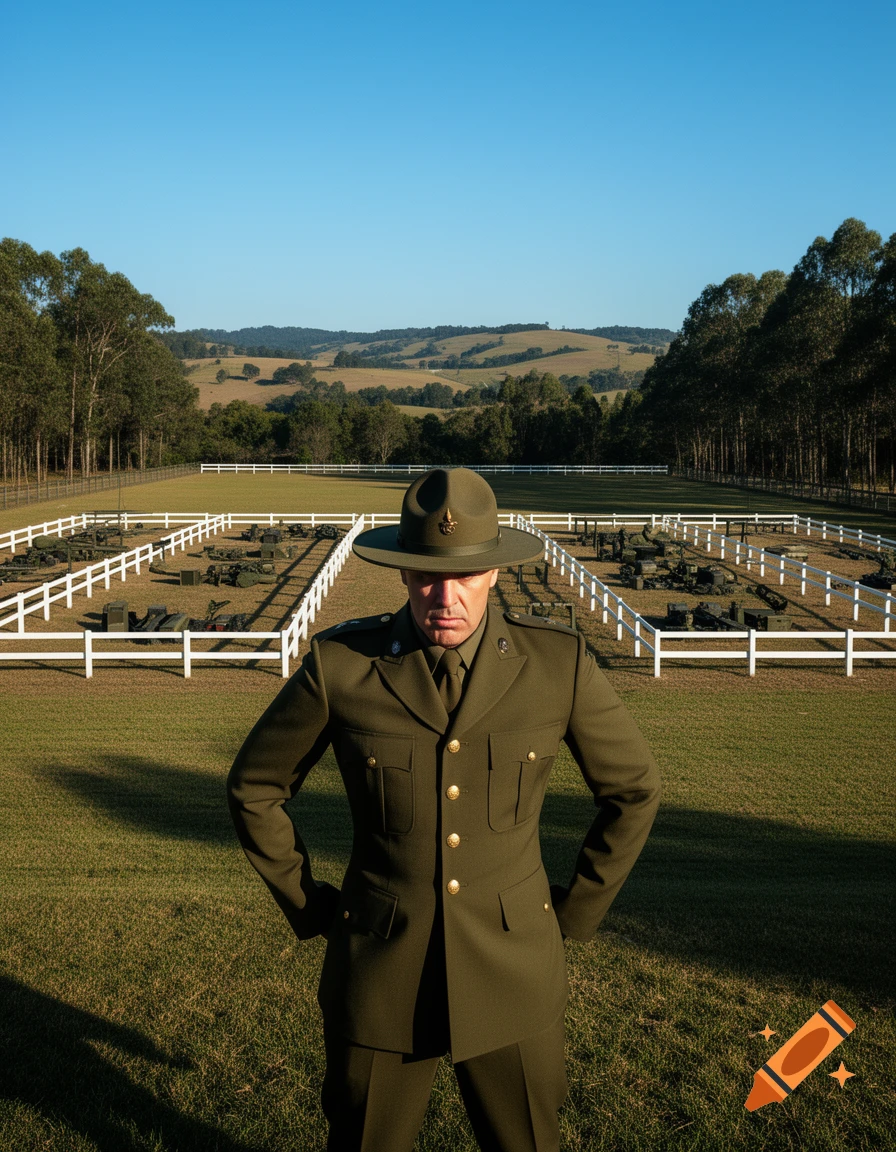 A stern-looking man in a green military uniform and broad-brimmed hat stands in a grassy field with white fences and military equipment.
