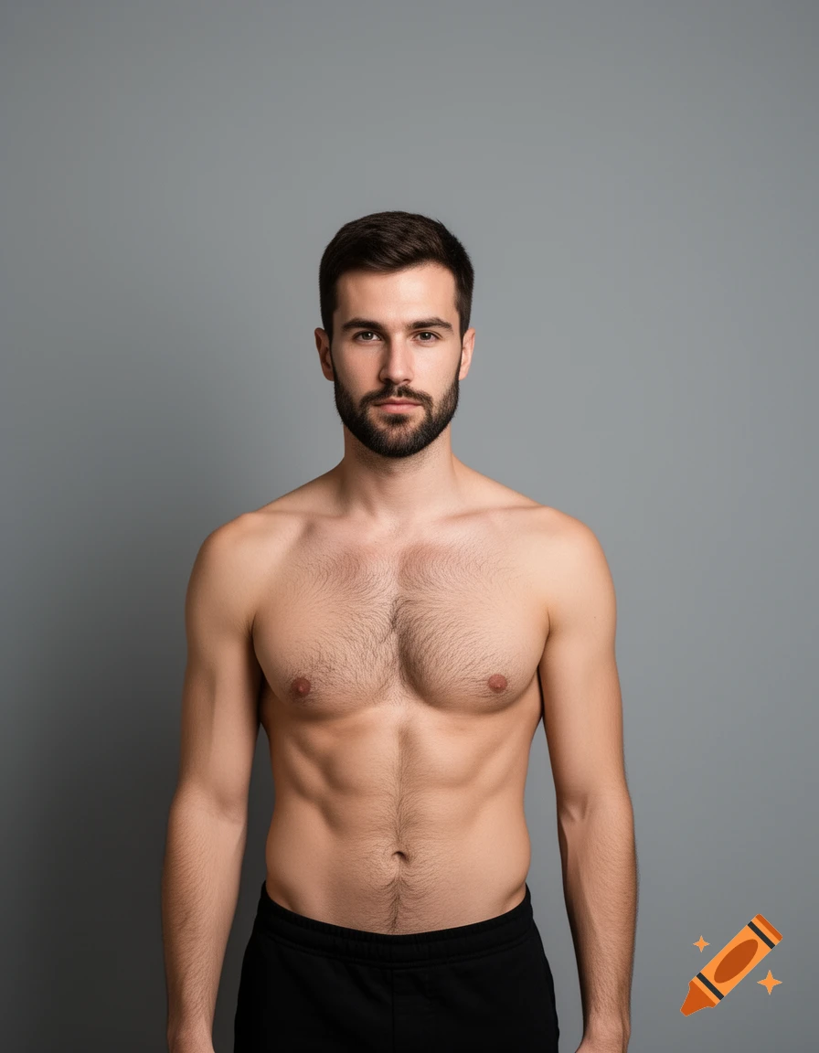 A handsome, bearded man, shirtless and wearing black shorts, stands in front of a neutral grey background.