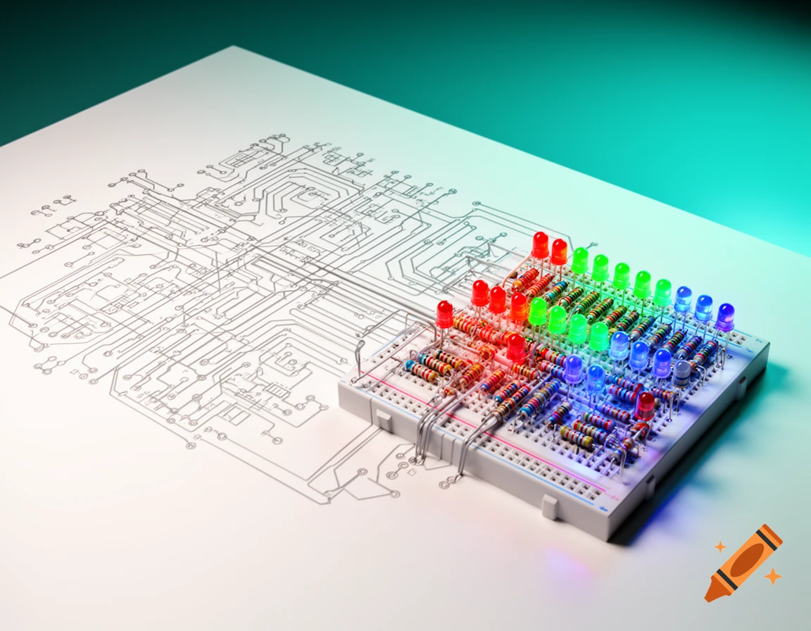 A vibrant electronic breadboard circuit with red, green, and blue LEDs and resistors, connected to a detailed schematic drawing.