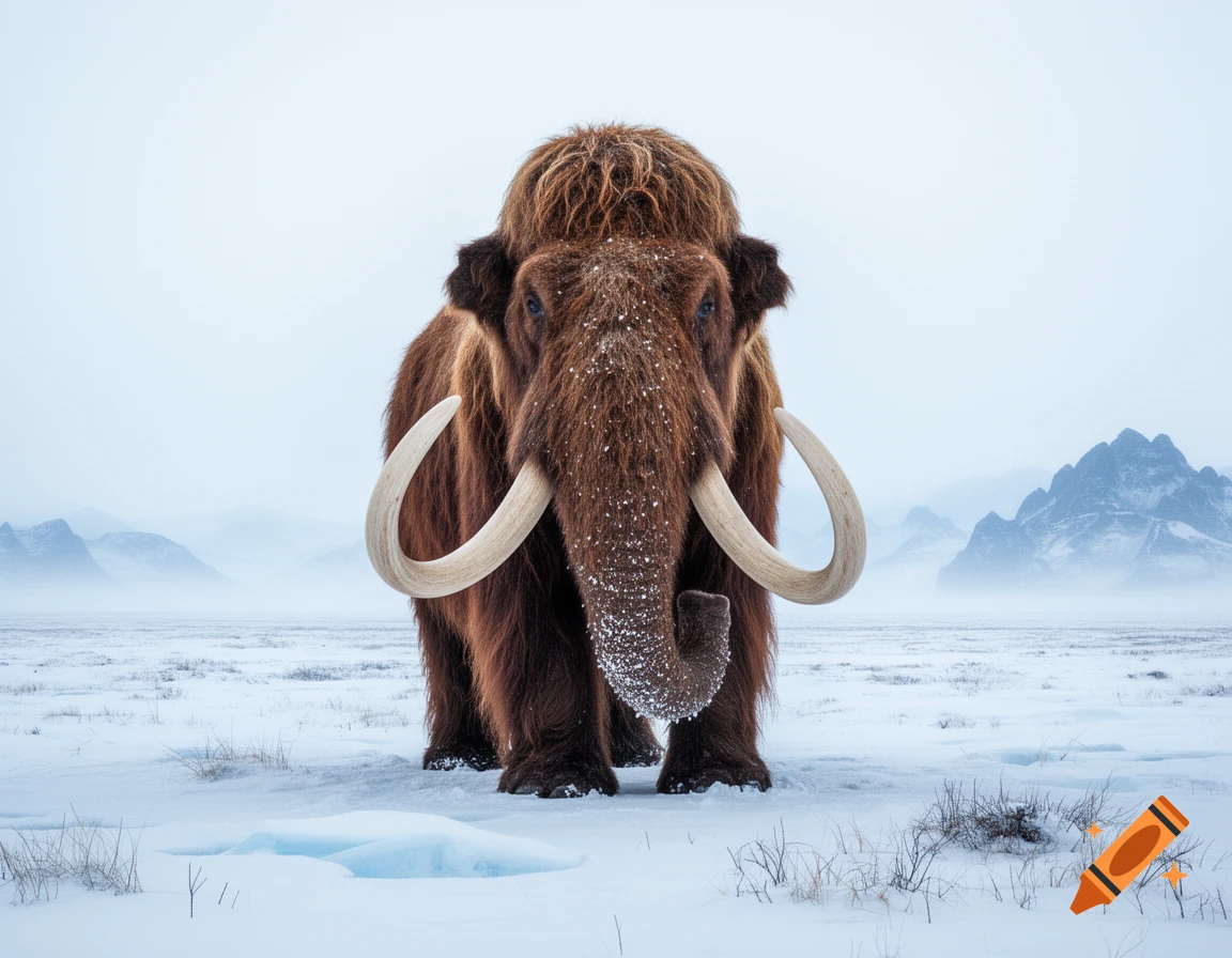A photorealistic woolly mammoth stands in a snowy, vast landscape with mountains in the background.