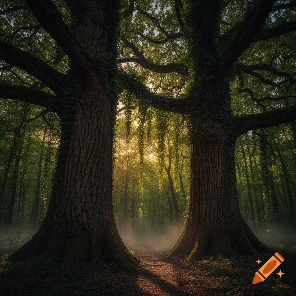 Two ancient, moss-covered trees stand tall in a sun-dappled, misty forest, with a path leading between them.