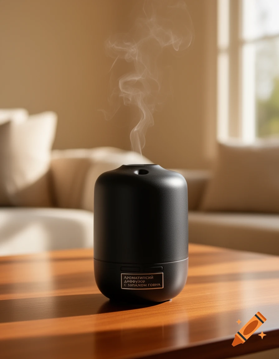 A black aroma diffuser emitting smoke sits on a wooden table in a well-lit room.