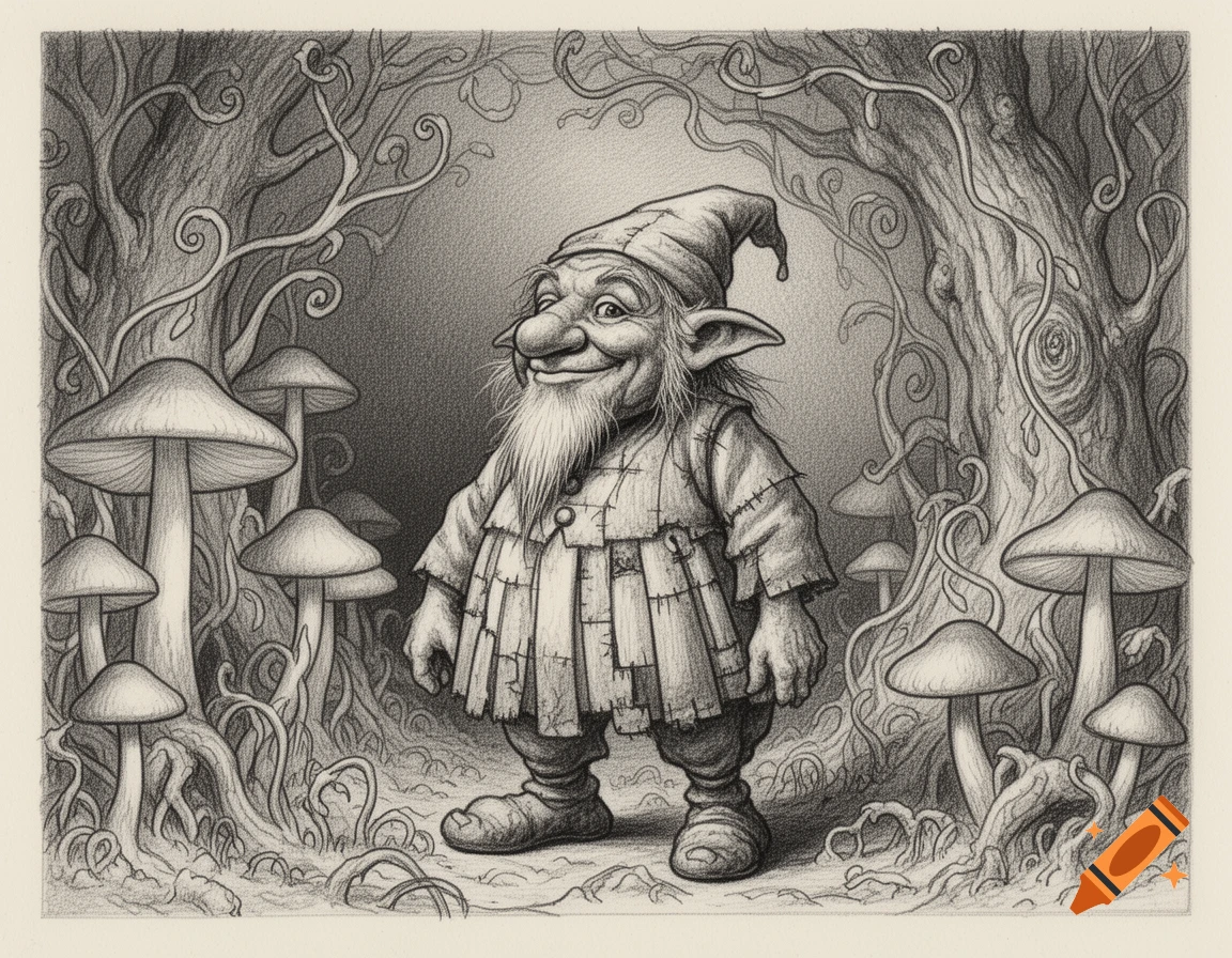 A black and white pencil drawing of a smiling, bearded kobold wearing a hat and patched tunic, standing among large mushrooms and tangled tree roots in a forest.