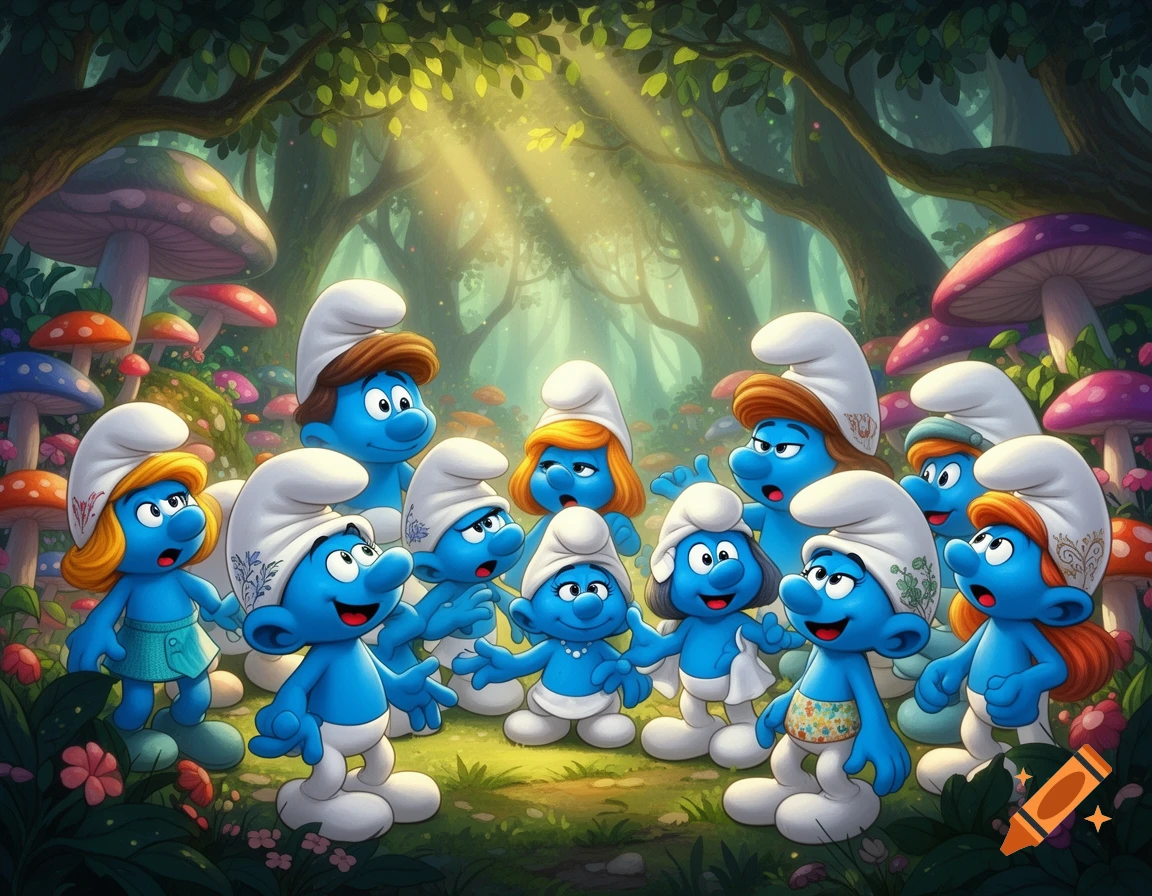 A group of Smurfs gathered in a magical forest clearing with large colorful mushrooms and sunlight streaming through the trees, in a vibrant cartoon style.