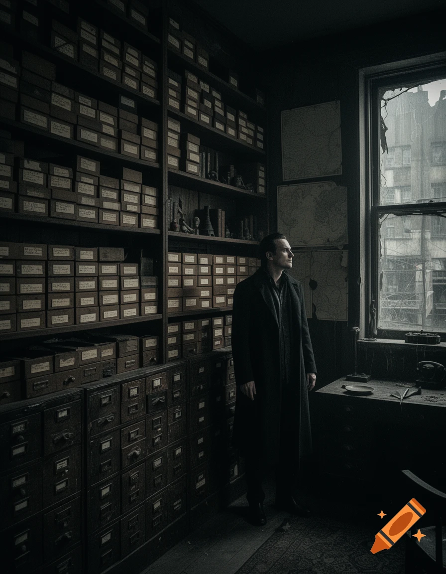 A man in a long dark coat stands in an obsessive, dimly lit archive filled with countless labeled boxes and filing cabinets, looking out a grimy window at urban decay.